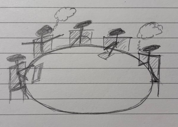 Stick figures at a table, talking