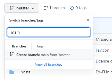 Screenshot showing creation of main branch