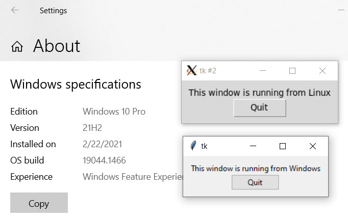 Screenshot showing a small program displaying the operating system name