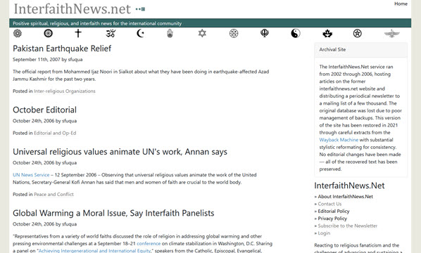Screenshot of today's InterfaithNews.Net
