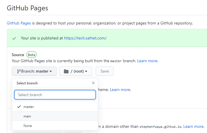 Screenshot showing change to the GitHub Pages branch