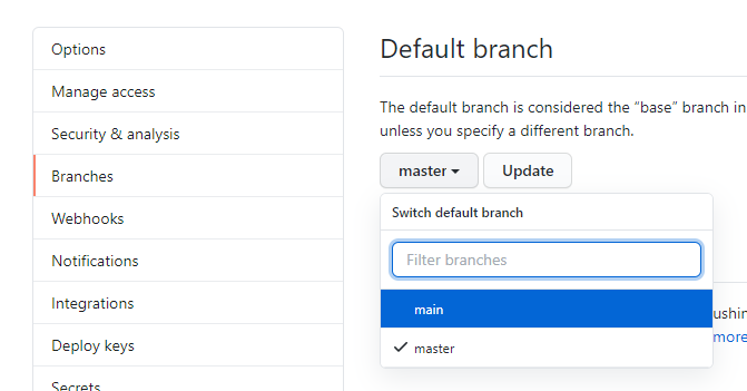 Screenshot showing change of default branch