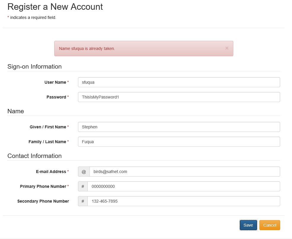 Registration form