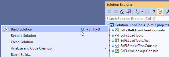 Screenshot of Visual Studio showing the build solution command